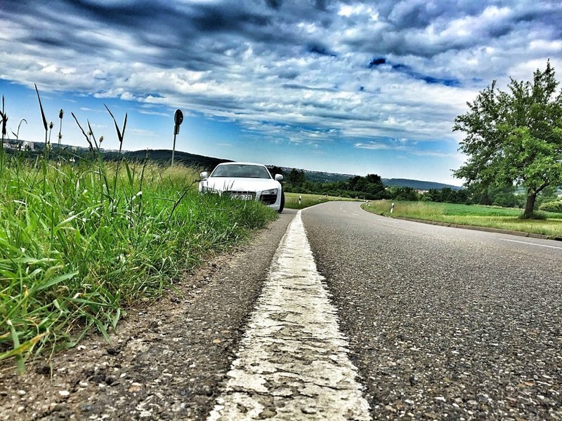 landscape, coast, grass, horizon, road, trail, sport, field, highway, asphalt, walkway, summer, dirt road, storm, auto, sports car, clouds, background, infrastructure, thunderstorm, audi, pkw, forward, rural area, super sports car, r8, v10, bitzer, marlene